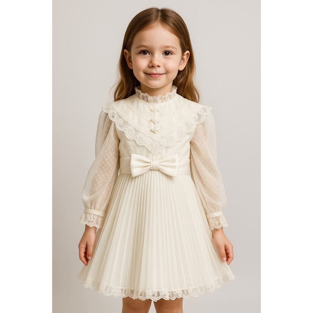1978 Dorissa of Miami Swiss Dot Lace Pleated Ivory Dress age 6